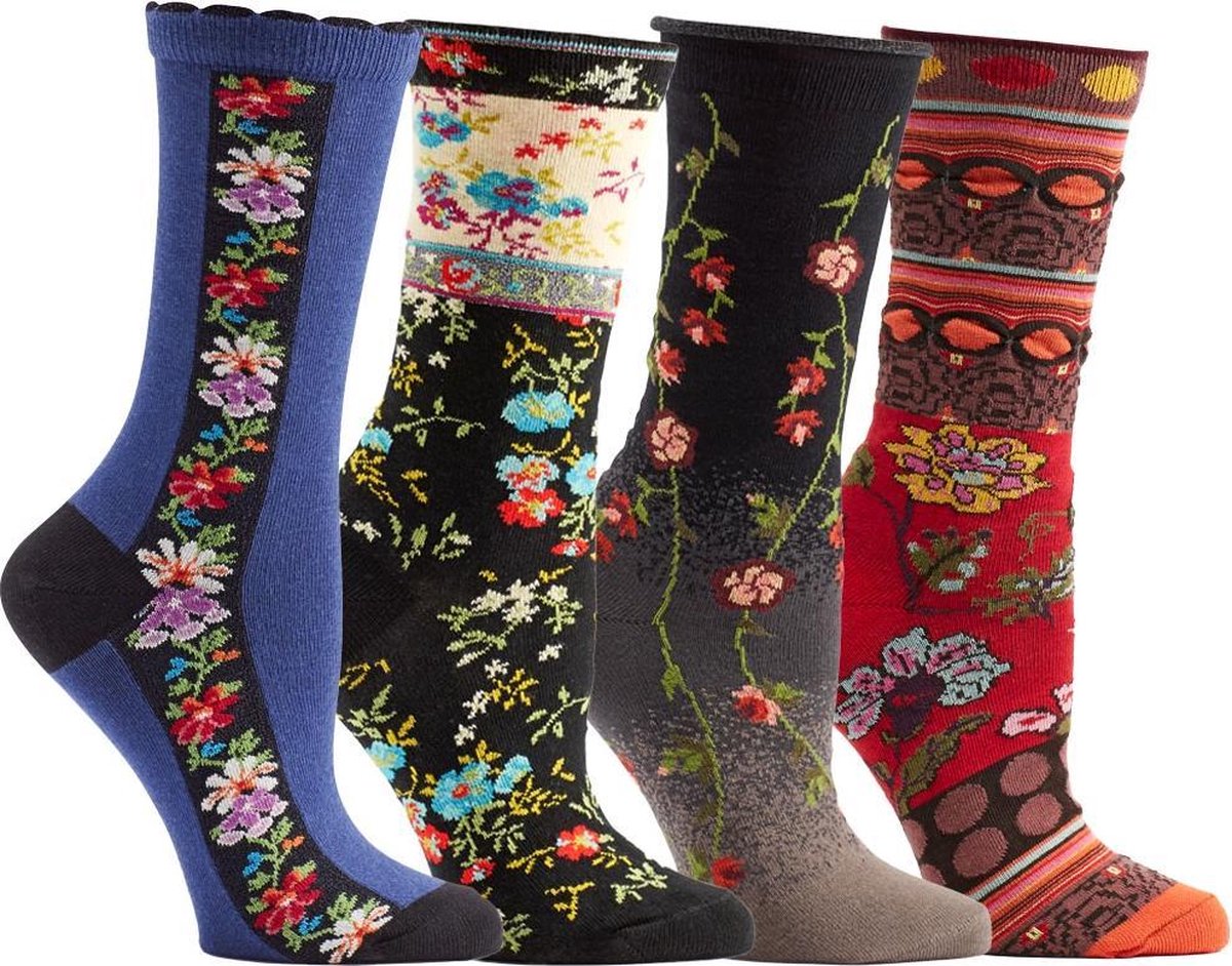 OZONE | Set van 4 Dames Sokken | Floral collectie | Unisize | Comfort en stijl | Geschenkset | Tibetaanse bloemen
