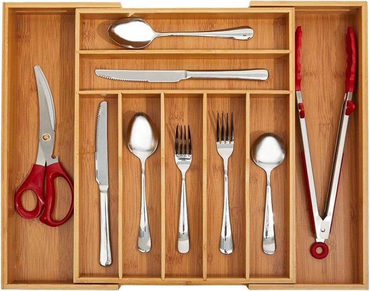 EQS - Bestekbak - Besteklade - Bestekbak Uitschuifbaar - Bestekbak Bamboe – Duurzaam  Organizer - Uitschuifbaar - Besteklade – Makeup organizer – Lade organizer