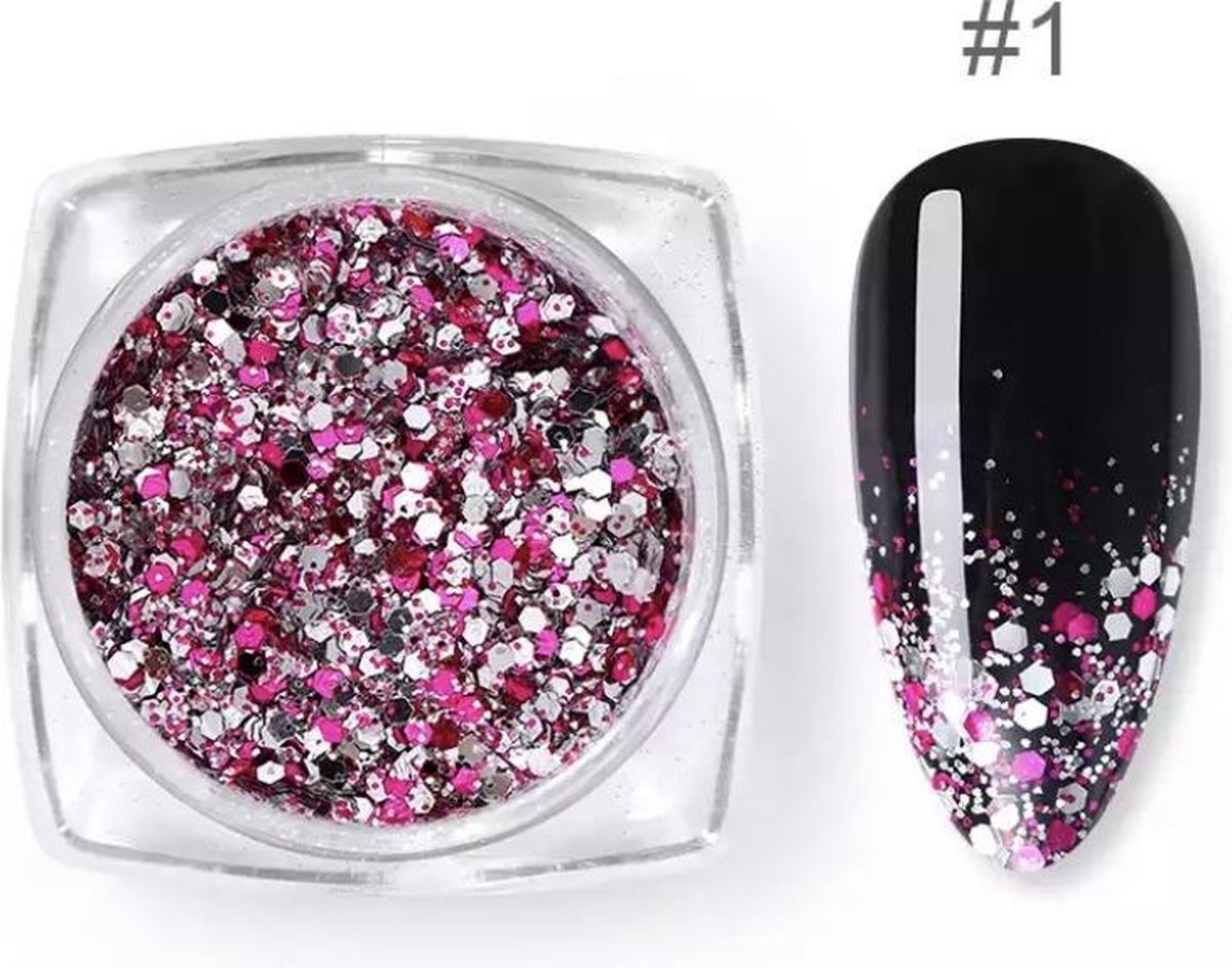 Nail Art Glitter Schubben Roze + Kwastje |Glitter Pailletjes | Rhinestones | Nagelversiering