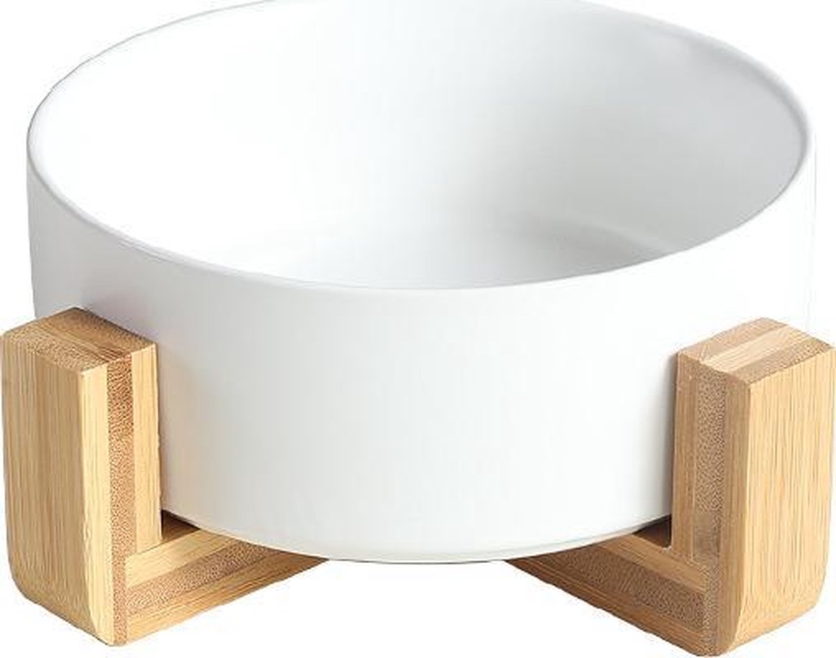 ElegaPet Honden Drink en Voerbak Wit + Bamboe Standaard - 1x Keramieke Drinkbak + Hout Onderframe - Design item voor in huis - Hond