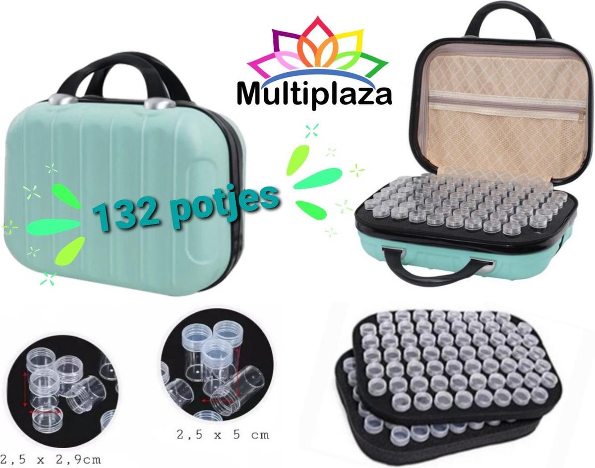 Luxe hardcase sorteerkoffer "MULTIPLAZA" met 132 potjes - LICHTGROEN - hobby - creatief - diamond painting - kralen - glitter - organiseren