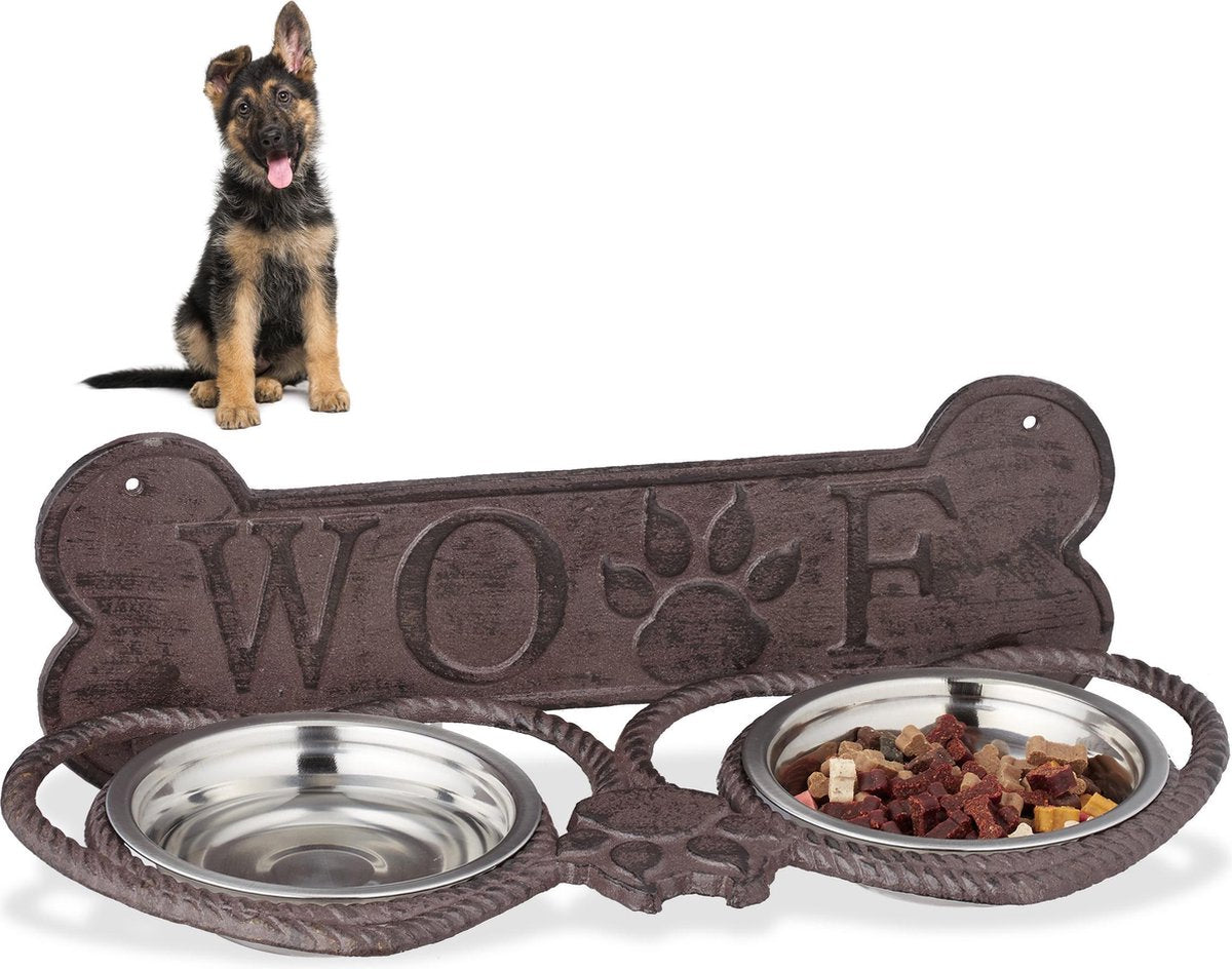 relaxdays voerbak hond - met standard - rvs - hondenvoerbak - eetbak - dubbel - gietijzer