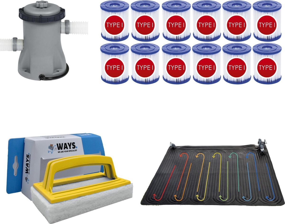 WAYS - Zwembad Onderhoud - Zwembad Verwarming & Bestway Filterpomp 1249 L/h & 12 Bestway Filters Type I & WAYS Handy Scrubborstel