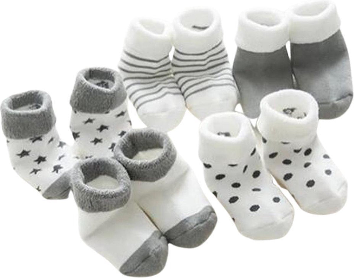 Winkrs - 5 paar New Born Baby Winter Sokken - Grijze Witte Sokjes voor Baby's van 0-3 maanden - Jongen/Meisje