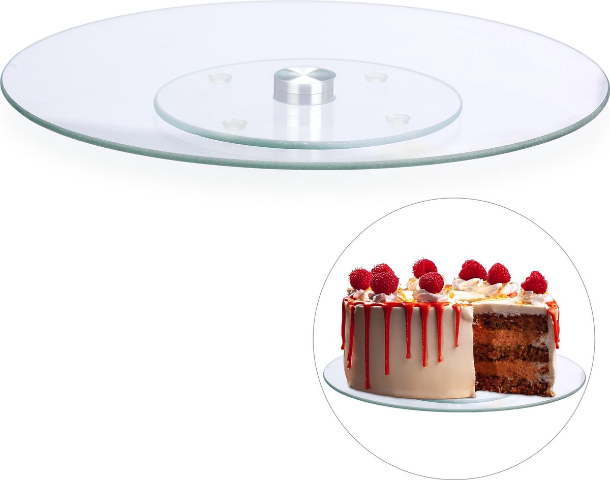 relaxdays taartplateau - draaibaar - serveerplateau - taartstandaard - 30 cm - glas