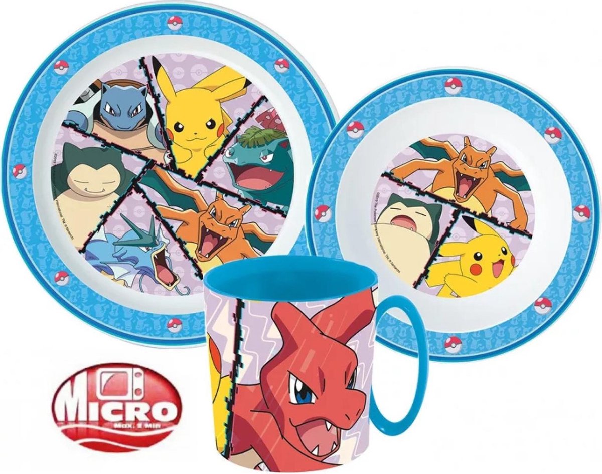 Pokémon  3 delig ontbijtset - bord - kom - grote beker 350ml - magnetron bestendig