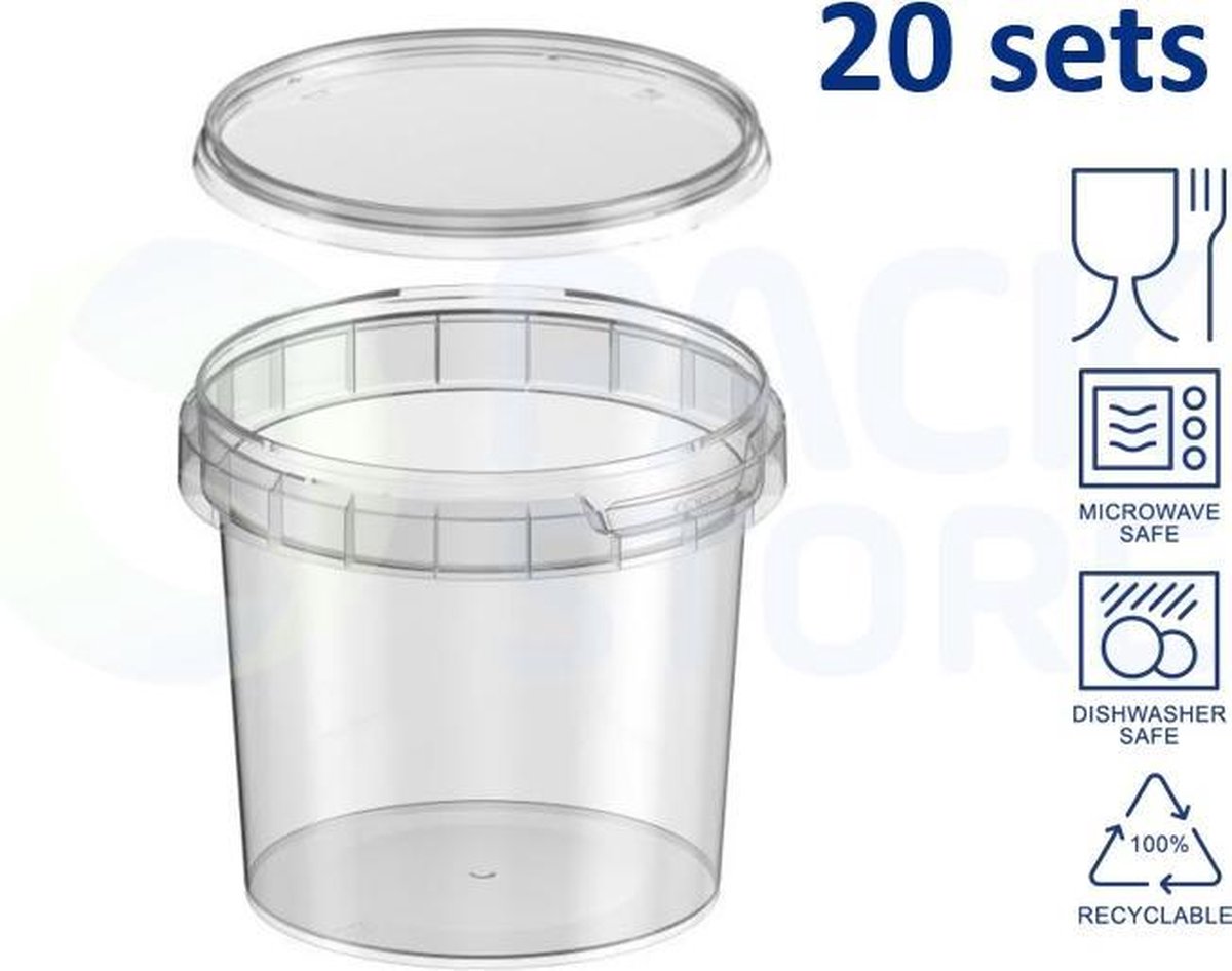 Plastic bakjes rond ø95mm (365 ml) – 20 stuks – Transparant met deksel - geschikt voor diepvries