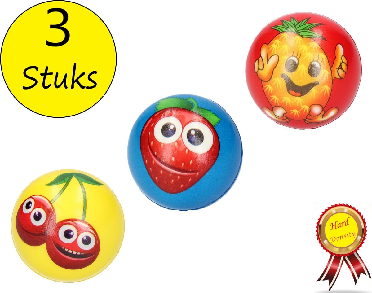 Stressbal Hard Density – 6 cm – Sensomotorische Stimulatie – Anti Stress – 3 stuks – Met Afbeelding Fruit