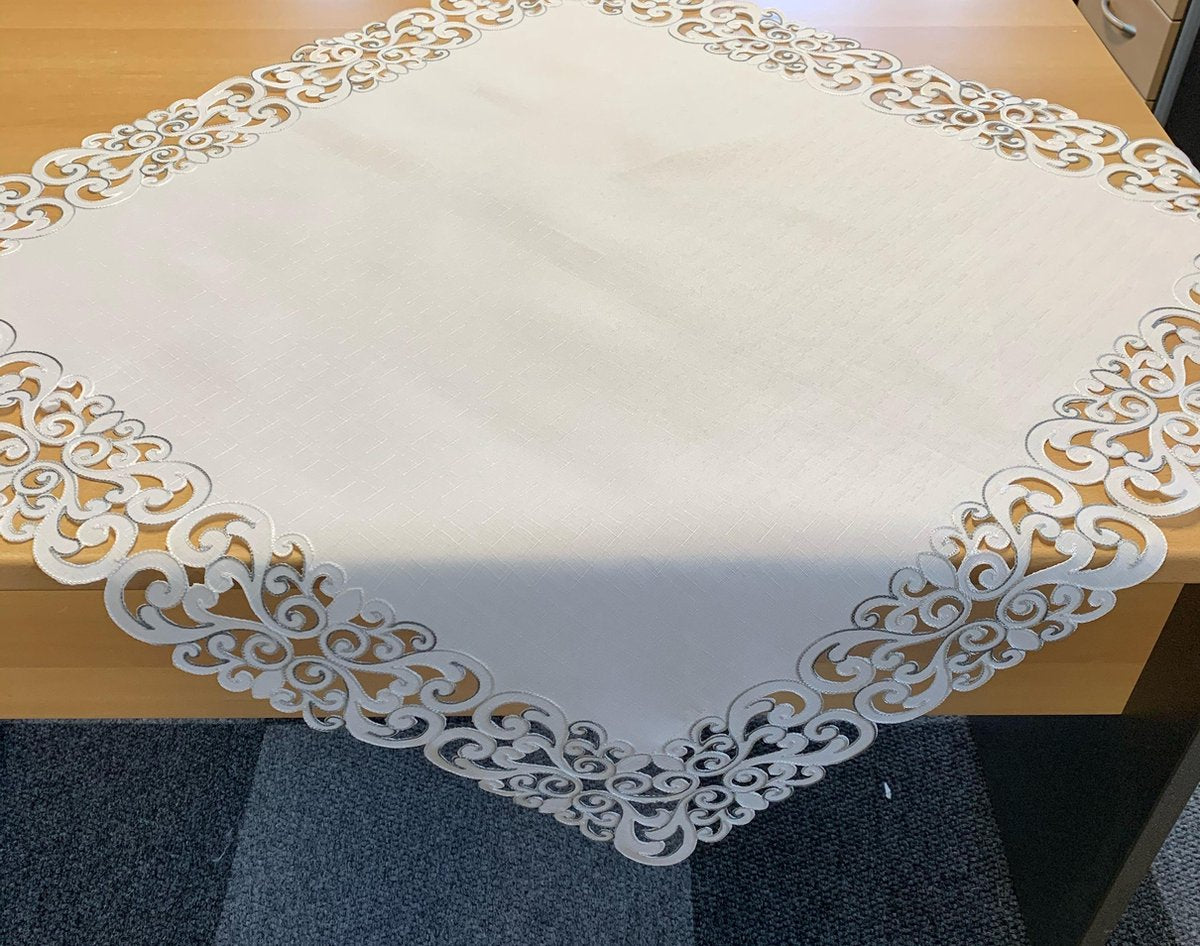 Tafelkleed - Wolwit met geborduurde sier rand - Hart - Vierkant 85 x 85 cm