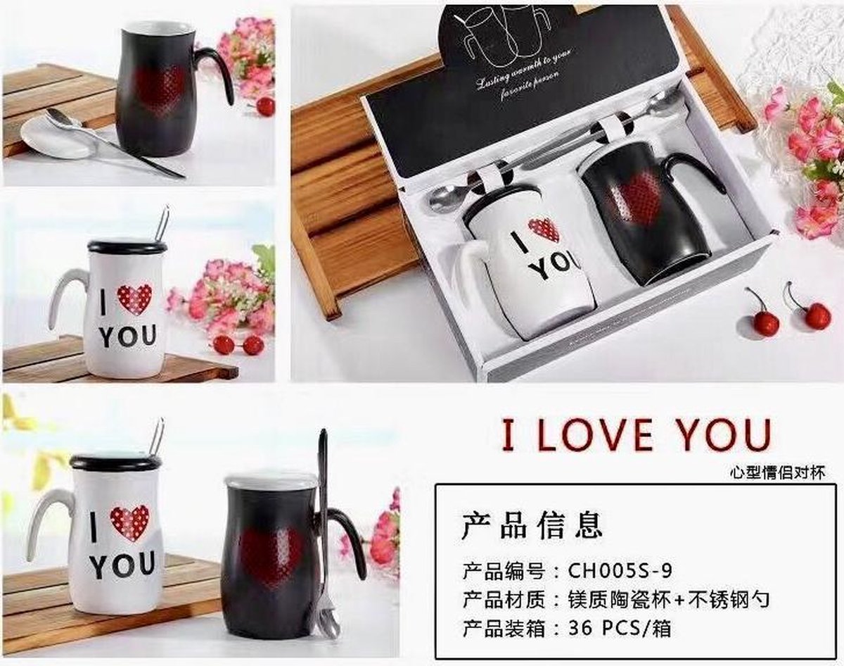 Beker mok keramiek Love  liefde  Set van 2 mokken met deksel & lepel 320ml geef een speciaal persoon. Moederdag cadeau - Vaderdag geschenk - Valentijnsdag geschenk