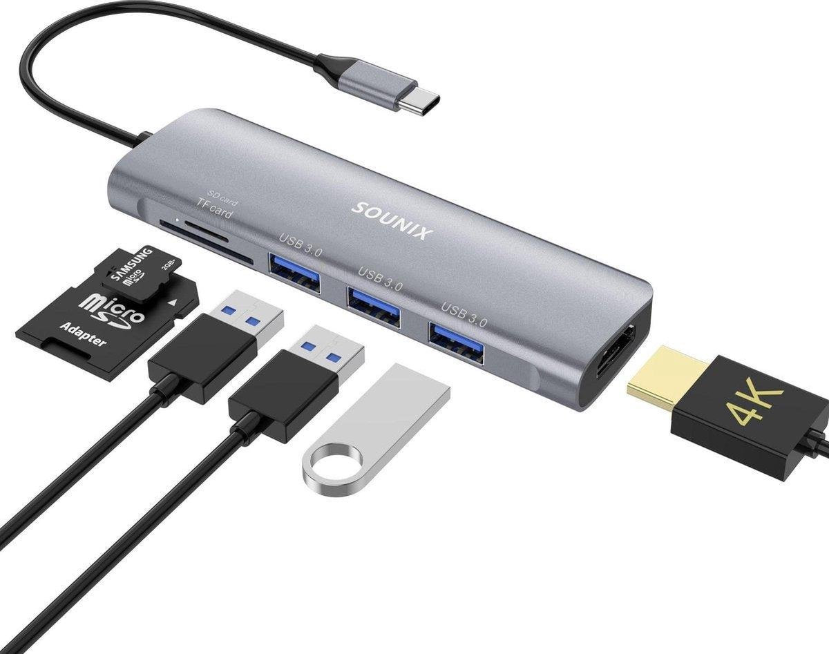 6 in 1 USB-C Hub - 3 USB 3.0 Geheugenkaartlezer Micro SD/SD Kaartlezer -4K UHD HDMI Converter-Type-C-Geschikt voor Apple Macbook Pro / Air / iMac / Mac Mini / Google Chromebook / Windows / HP / ASUS / Lenovo