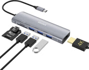 6 in 1 USB-C Hub - 3 USB 3.0 Geheugenkaartlezer Micro SD/SD Kaartlezer -4K UHD HDMI Converter-Type-C-Geschikt voor Apple Macbook Pro / Air / iMac / Mac Mini / Google Chromebook / Windows / HP / ASUS / Lenovo