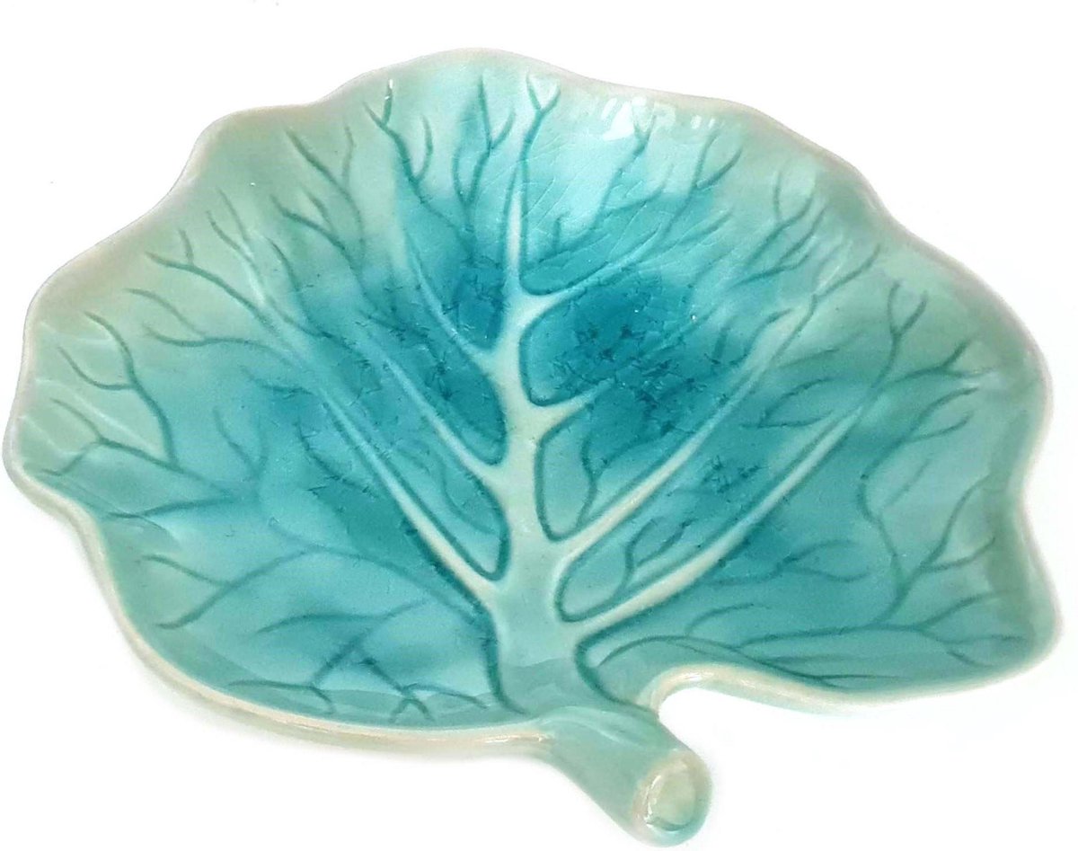 Serveerschaal - Schaal Bladvorm - Handgemaakt en geschilderd turquoise - 21.5 cm