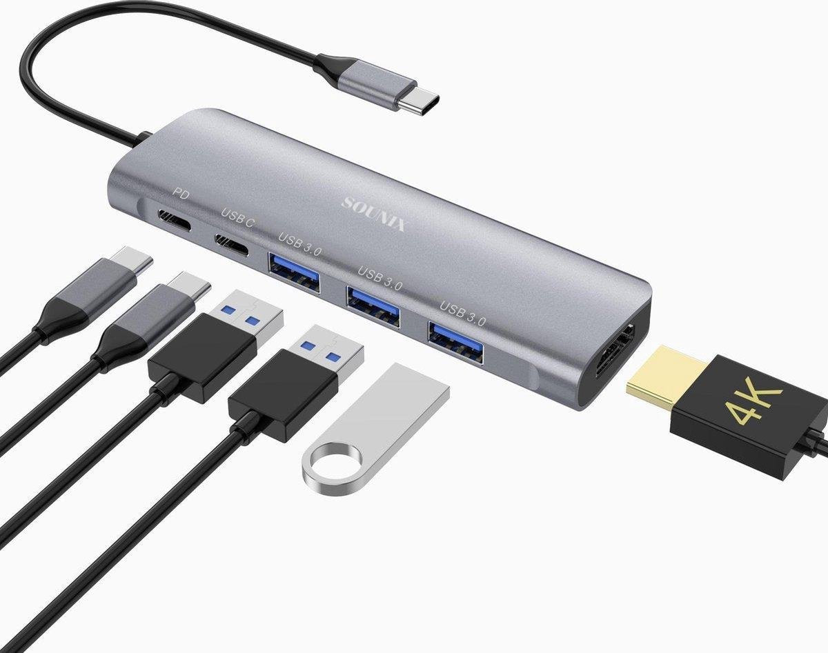 SOUNIX® 6 in 1 usb-hubs - HDMI - 4k@30Hz- usb 3.0 - PD charging power