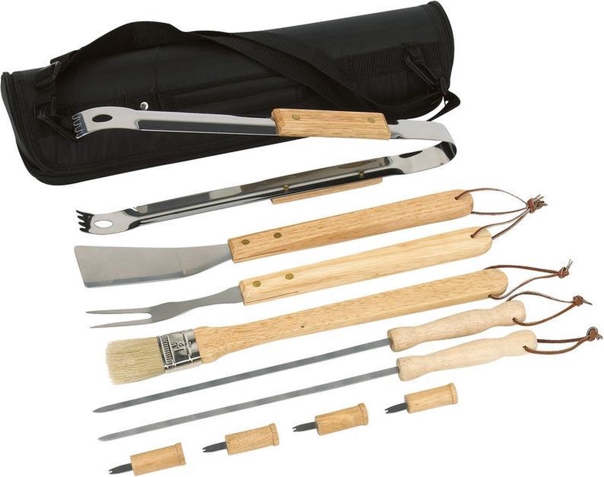 Barbecue gereedschap set - RVS met houten handgrepen - 10-delig - BBQ spatel/vleesvork/spies/tang/kwast