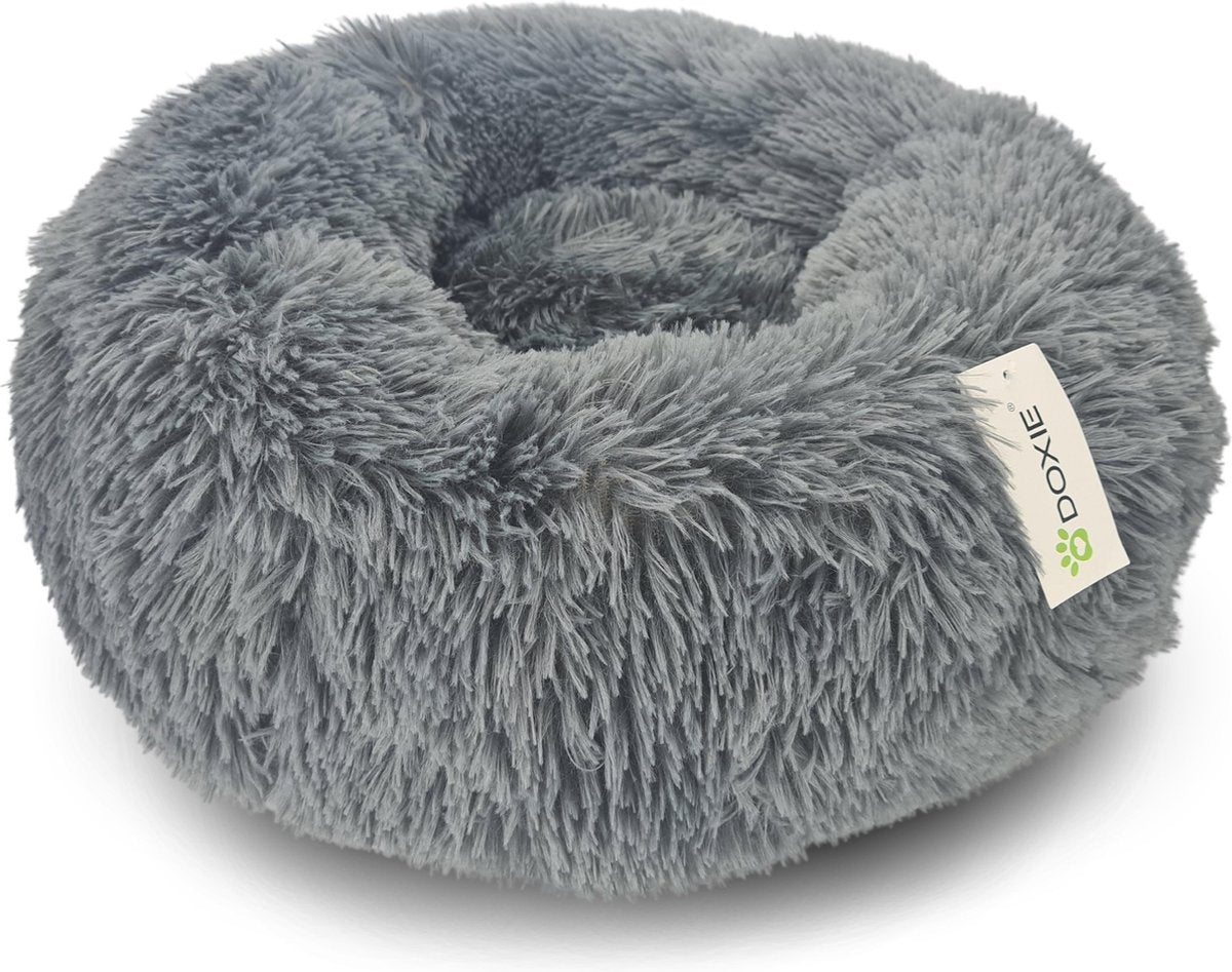 Doxie® Pluche Fluffy Donut Hondenmand – Kattenmand – Hondenkussen – Kattenkussen – Wasbaar – Antislip – ⌀ 50 cm – Donkergrijs