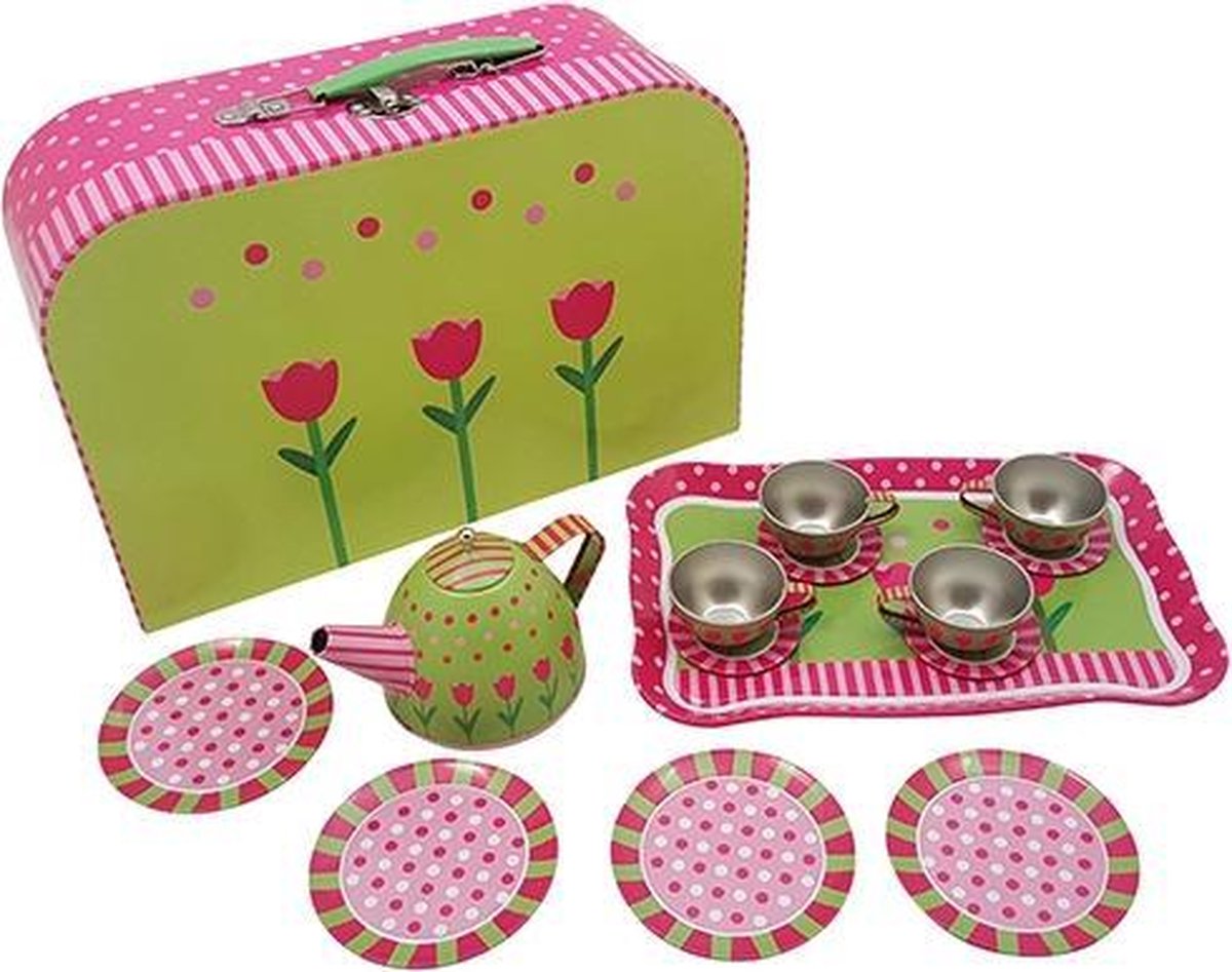 Blikken servies tulpen in koffer tinnen theeservies serviesje