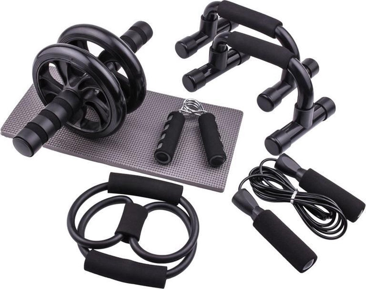 TDR - Fitness set 7-in-1 inclusief opbergrugzak | Ab roller | Buikspiertrainer | Stretchband | Trainingswiel | Opdruksteunen | Push-up bars | Springtouw | Fitnessmat | Kniemat| Sportset | Thuis fitness - Zwart