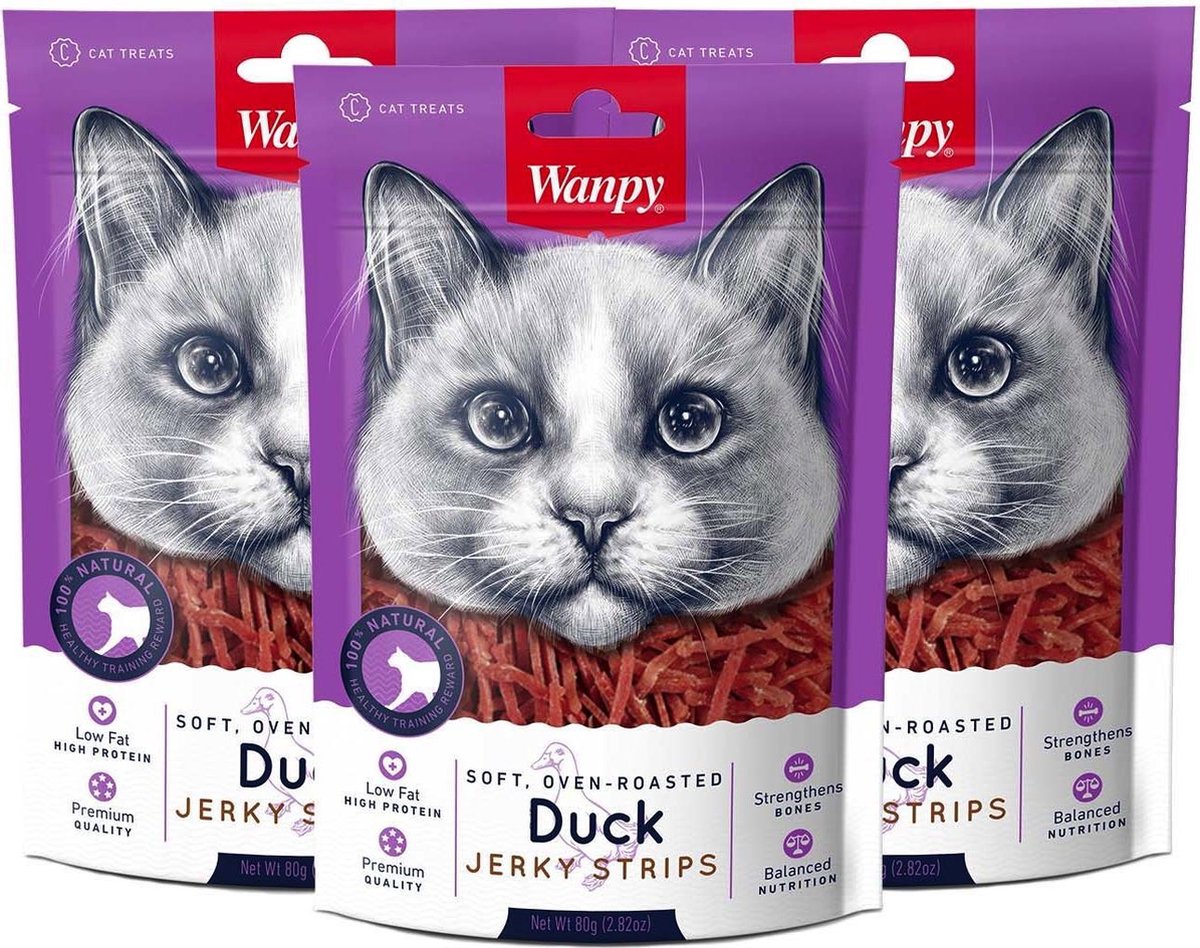 Wanpy - Soft Duck Jerky Strips eend - Voordeelbundel van 3 zakjes - Kattensnack
