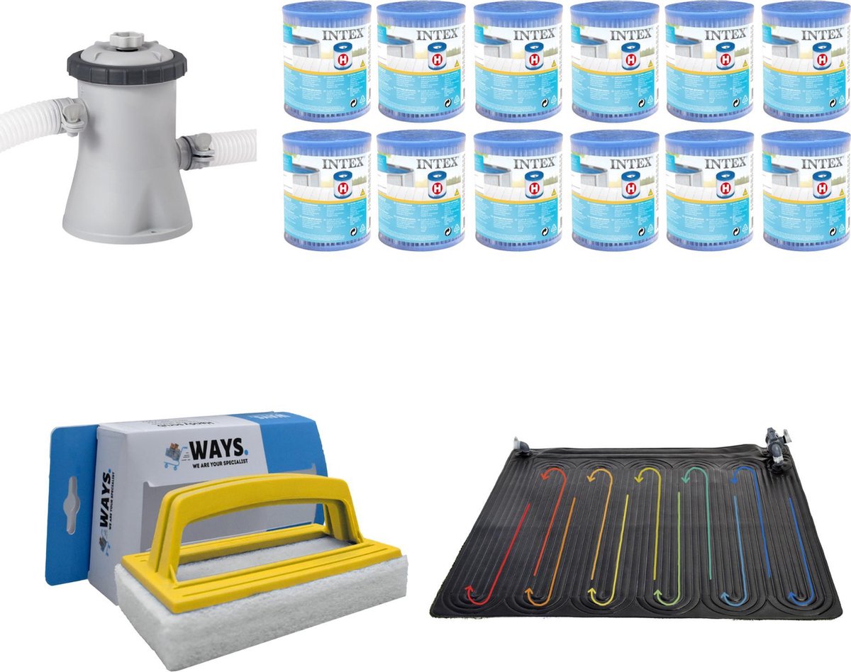 WAYS - Zwembad Onderhoud - Zwembad Verwarming & Intex Filterpomp 28602GS & 12 Intex Filters Type H & WAYS Handy Scrubborstel