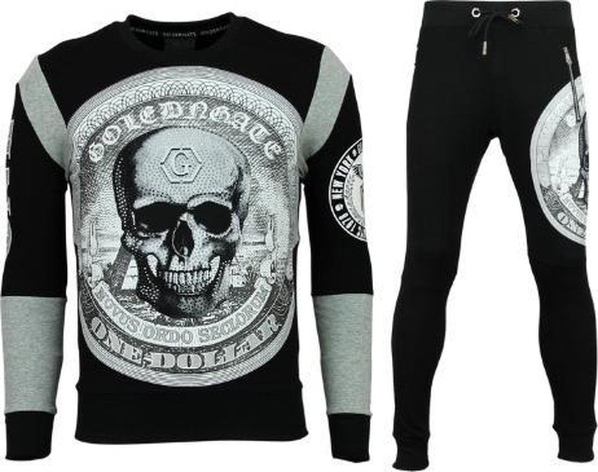 ENOS Trainingspakken Heren - Joggingspak mannen - Skull Dolar - Zwart - Maat: S