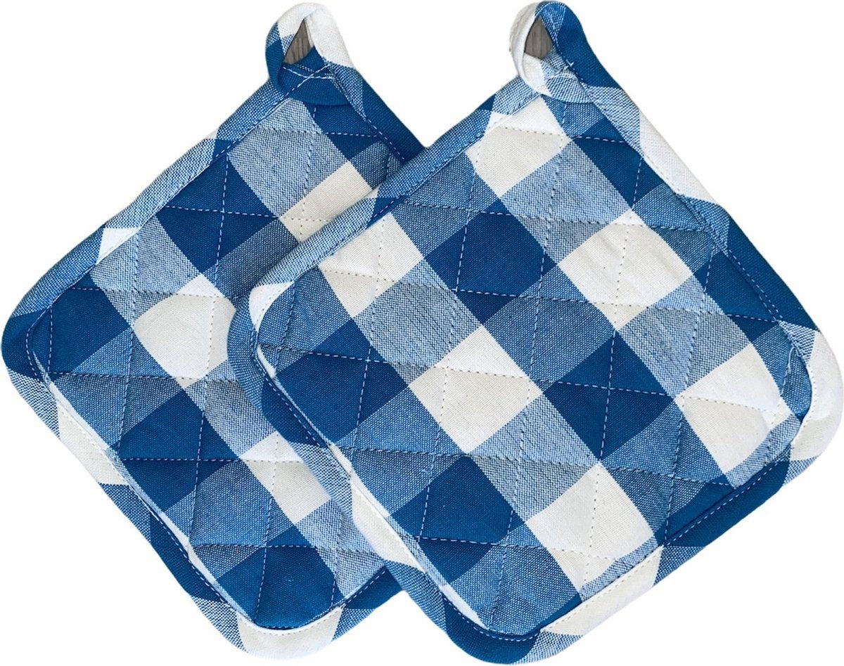 Pannenlappen 2 stuks | 100% Katoen | 20 x 20 CM | Hittebestendig | Grip | Blauw | Wit | Geruit |