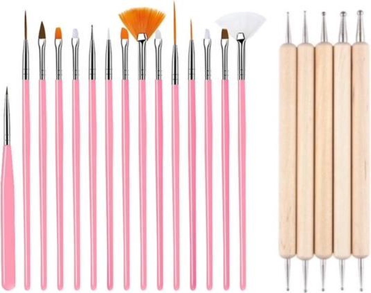 GUAPÀ - Nail Art Set Penselen Roze met Houten Dotting Tools - High Quality