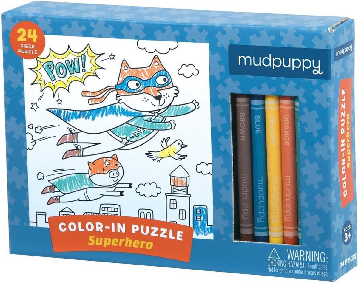 Mudpuppy Inkleurpuzzel Superheld puzzel 24 stukjes & 5 wasco krijtjes