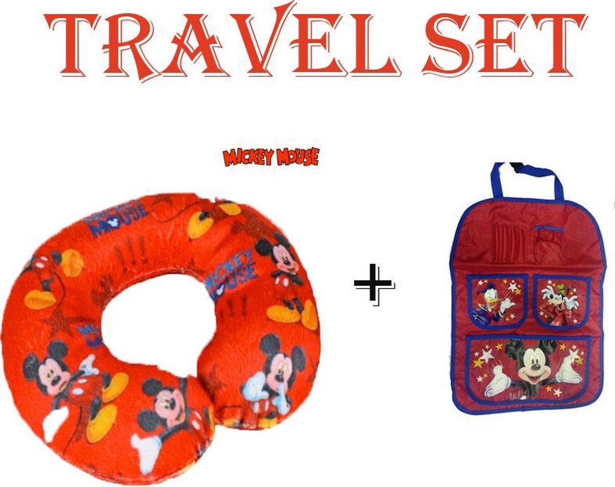 Reis set - Mickey Mouse- Reiskussen +Auto Rugleuning - Travel Set -Auto Organizer- Nekkussen
