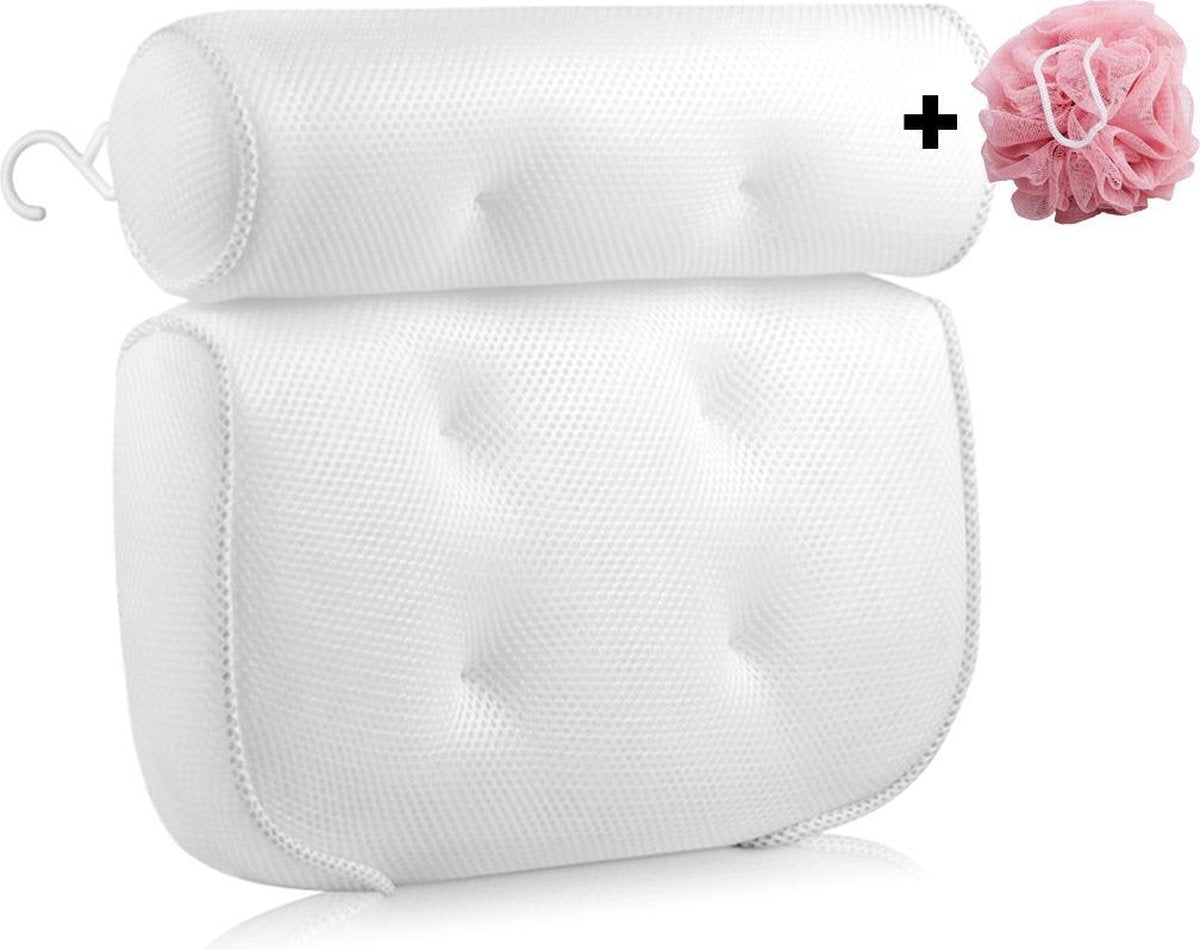 Spa Badkussen – Bad Accessoire – Badkamer Accessoire – Nekkussen – Hoofdsteun – Waterdicht Badkussen – Anti Slip Zuignappen – Orthopedisch – Ontspanning – Voor In Bad/Jacuzzi – Wit