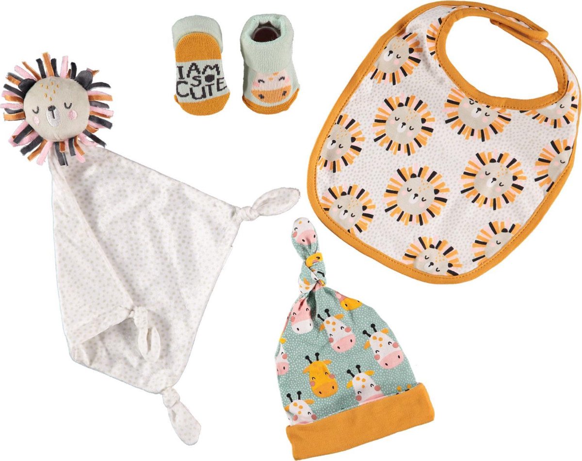 4 delig Baby Kraamcadeau - geschenkset - leeuw - newborn jongens meisjes baby sokje - babymutsje - knuffeldoekje - slabbetje
