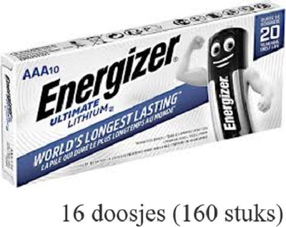 160 stuks (16 doosjes a 10 stuks) Energizer AAA Ultimate Lithium L92/LR03 1.5V 1250mAh