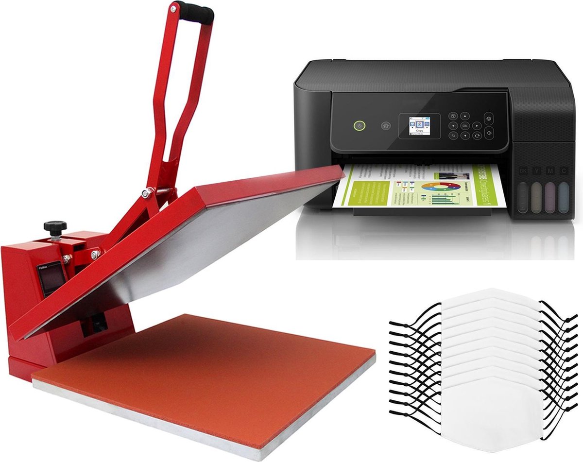 Bundel: 10 x sublimatie mondkapjes medium - 38 x 38 cm clam hittepers transferpers – eko tank printer - sublimatie bedrukken eigen ontwerp - pm2.5 filter vijf lagen - wasbaar hergebruiken hand wassen