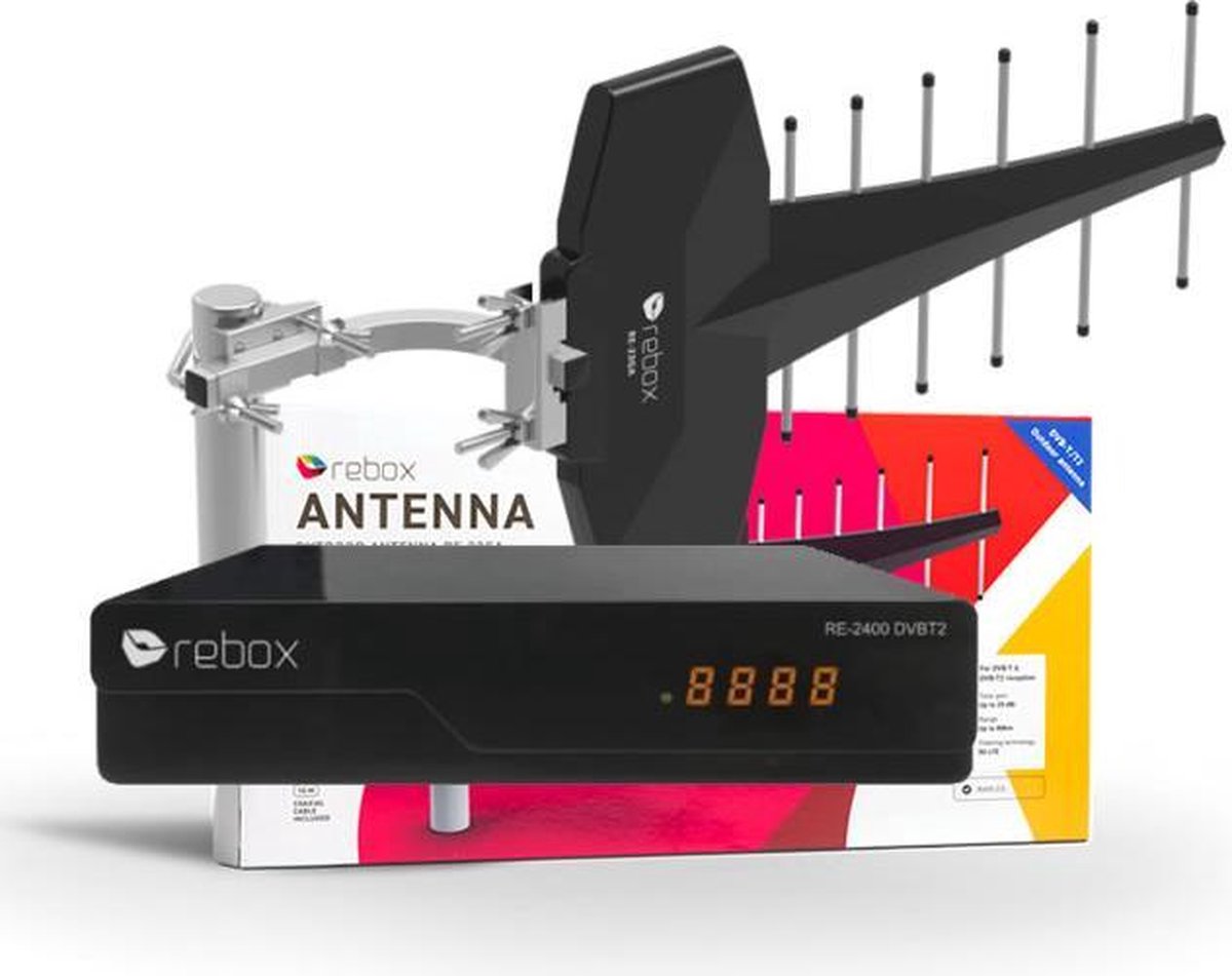 Rebox DVB-T2 Power PLUS Pakket – RE-2400DVBT2 STB plus RE-23GA 25dBi en 80km range antenne