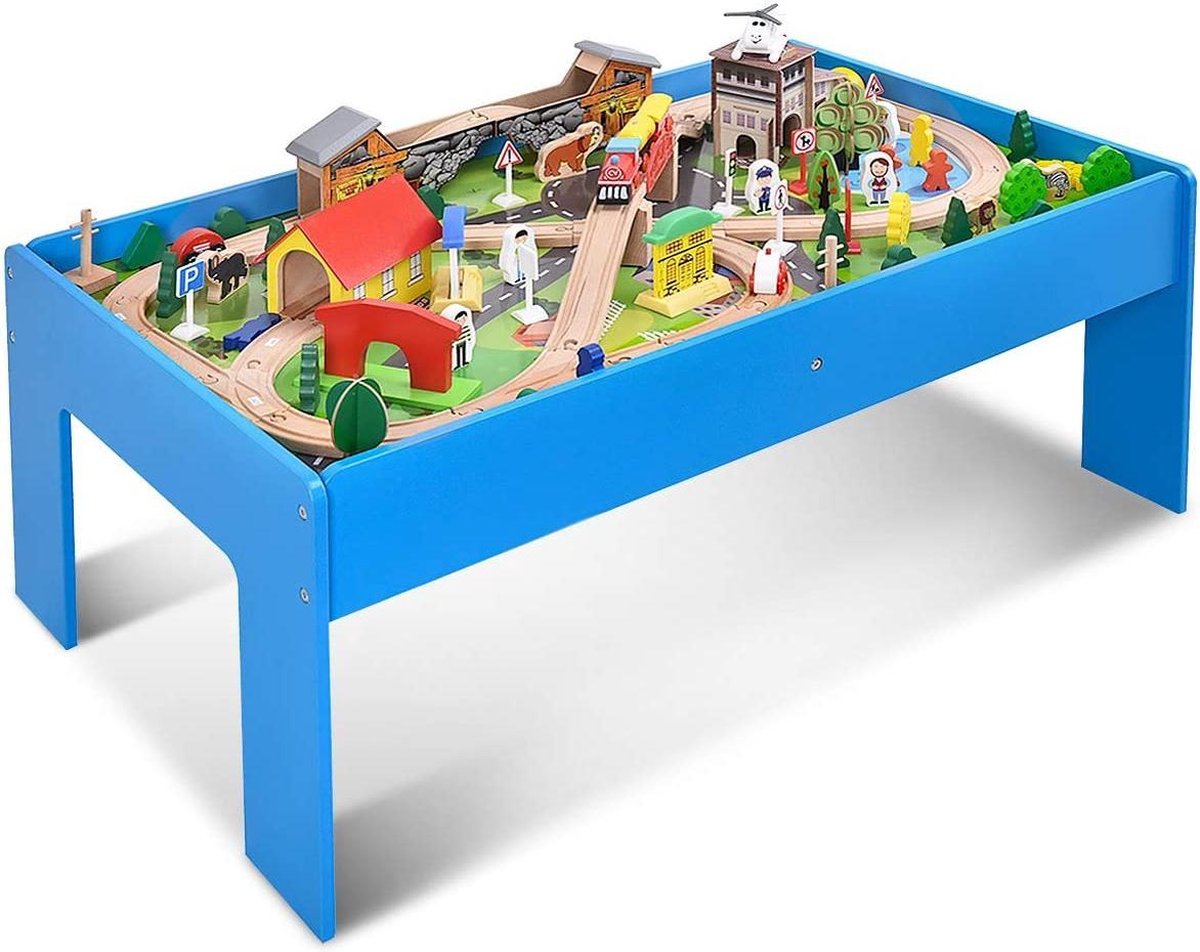 Bobby's Houten Spoorweg Speeltafel - Speeltafel - 108 Delen - Speelgoed - Trein - Auto - Rails - Brug - Hout - 98 x 60 x 40