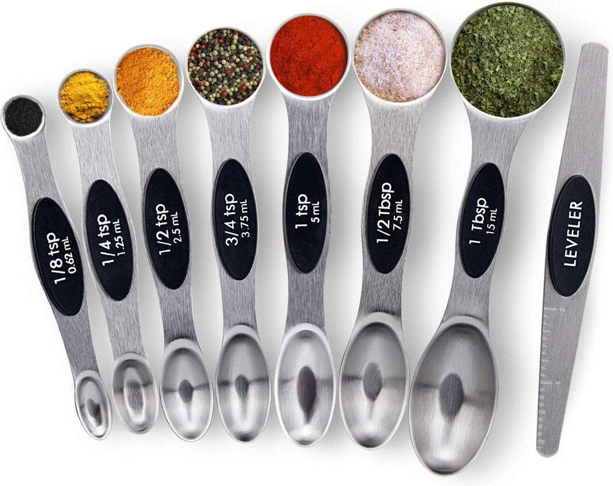 Luxe Magnetische maatlepel set – 8 delig en afstrijker – RVS Vaatwasserbestendig – Maatcups  - Maatbekers - Keukengerei -  Koken & Bakken - Maatschep - Vaste & Vloeibare ingrediënten
