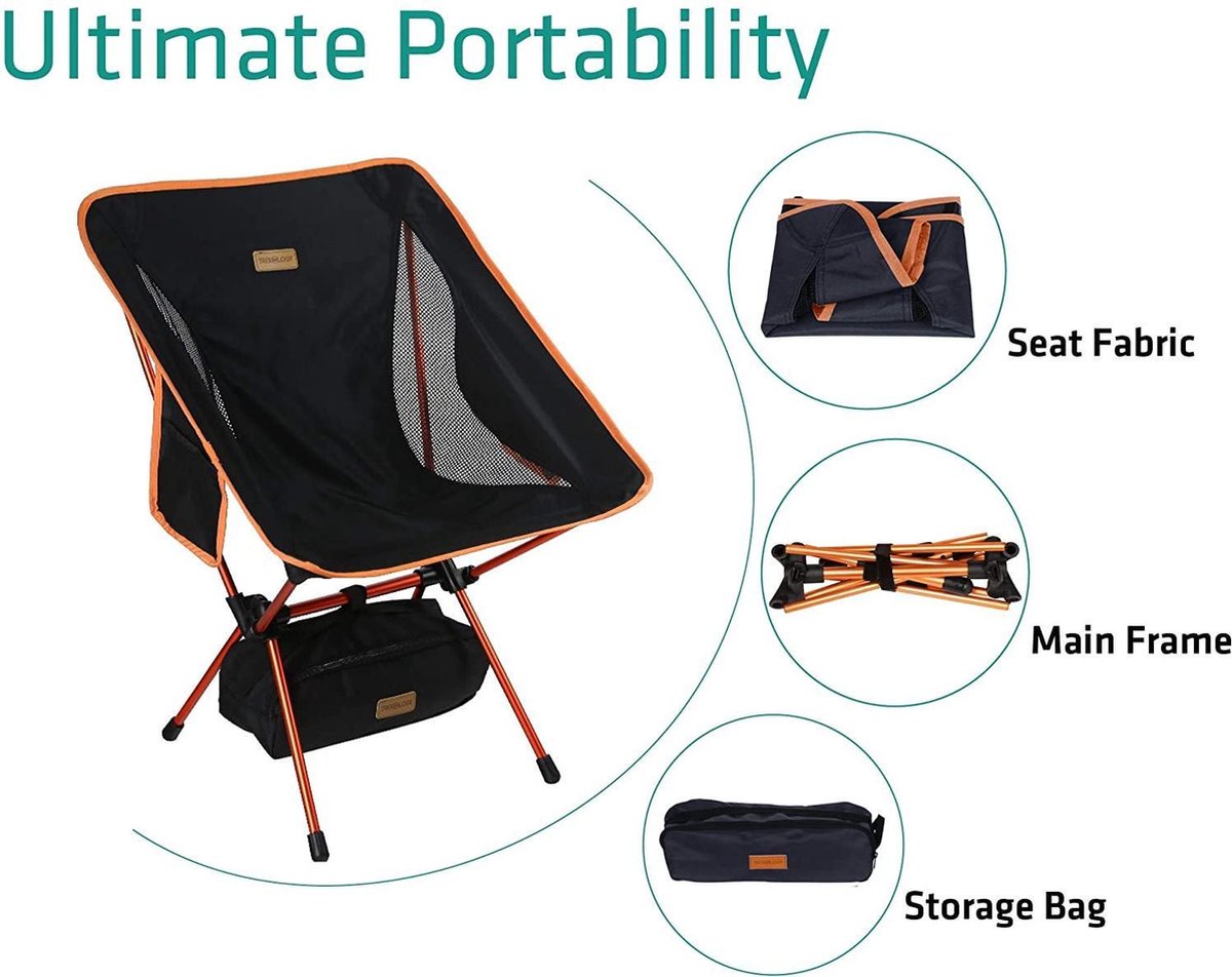 Compact Campingstoel - Zwart - ultralicht en opvouwbare campingstoel in een tas