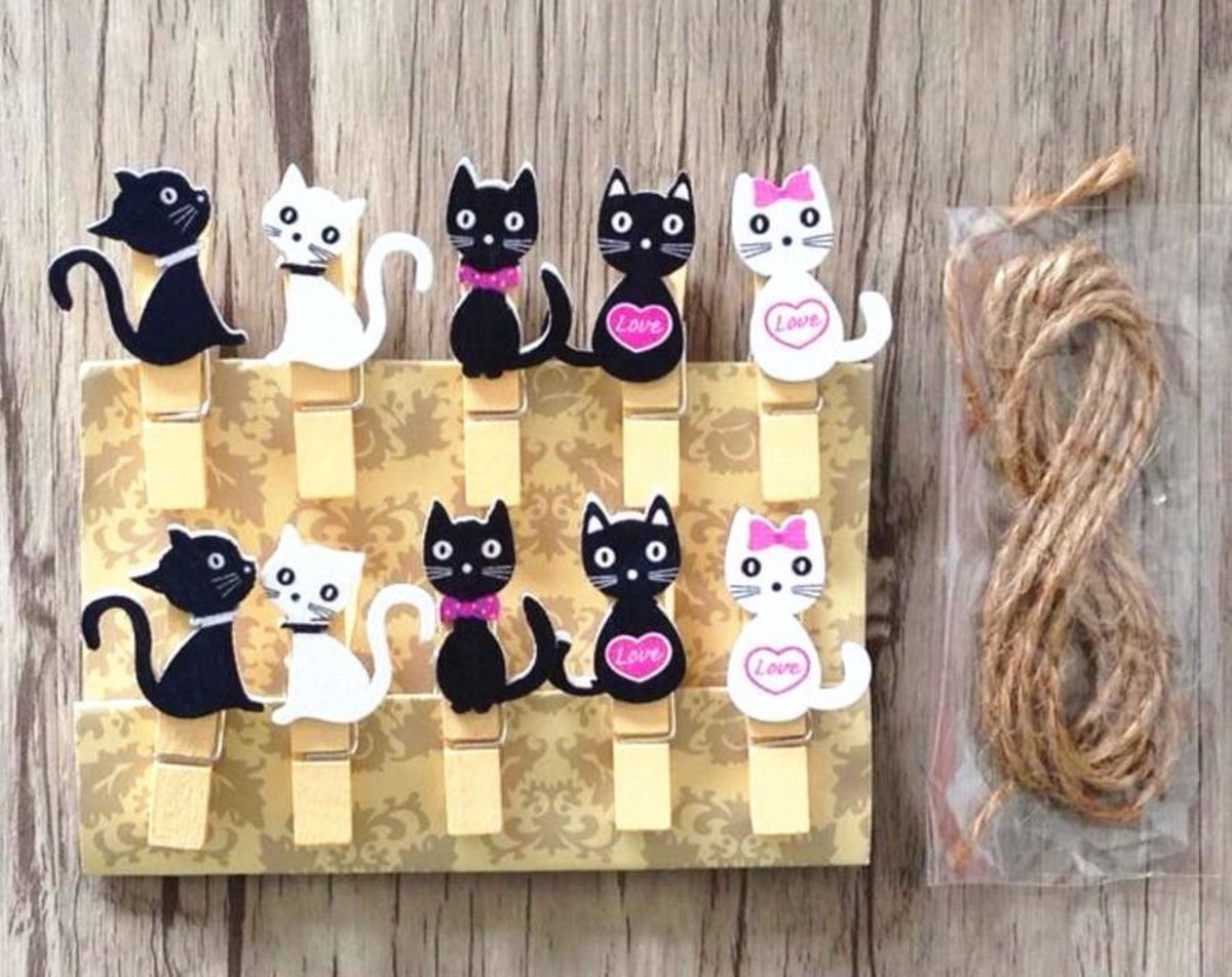 Mini houten Wasknijpers met Kat – Foto wasknijpers – Kaart Wasknijpers - Set van 10 stuks