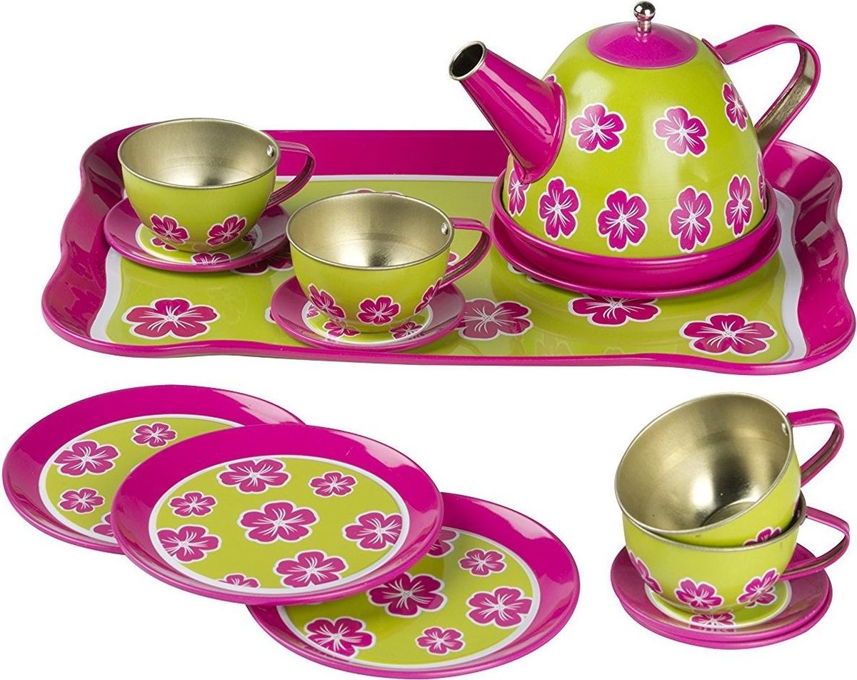 Eddy Toys Theeservies - metaal - roze/ groen - 14-delig
