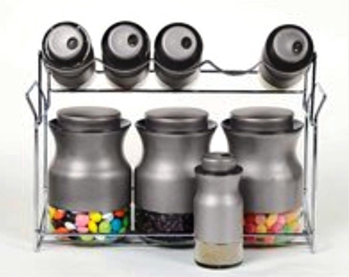 Set 9 Delig Kruidenpotten- Strooiers - Glazen Voorraadbussen - Glazen Voorraadpotten - incl. metalen staander - RVS en glas combinatie - Mat Grijs
