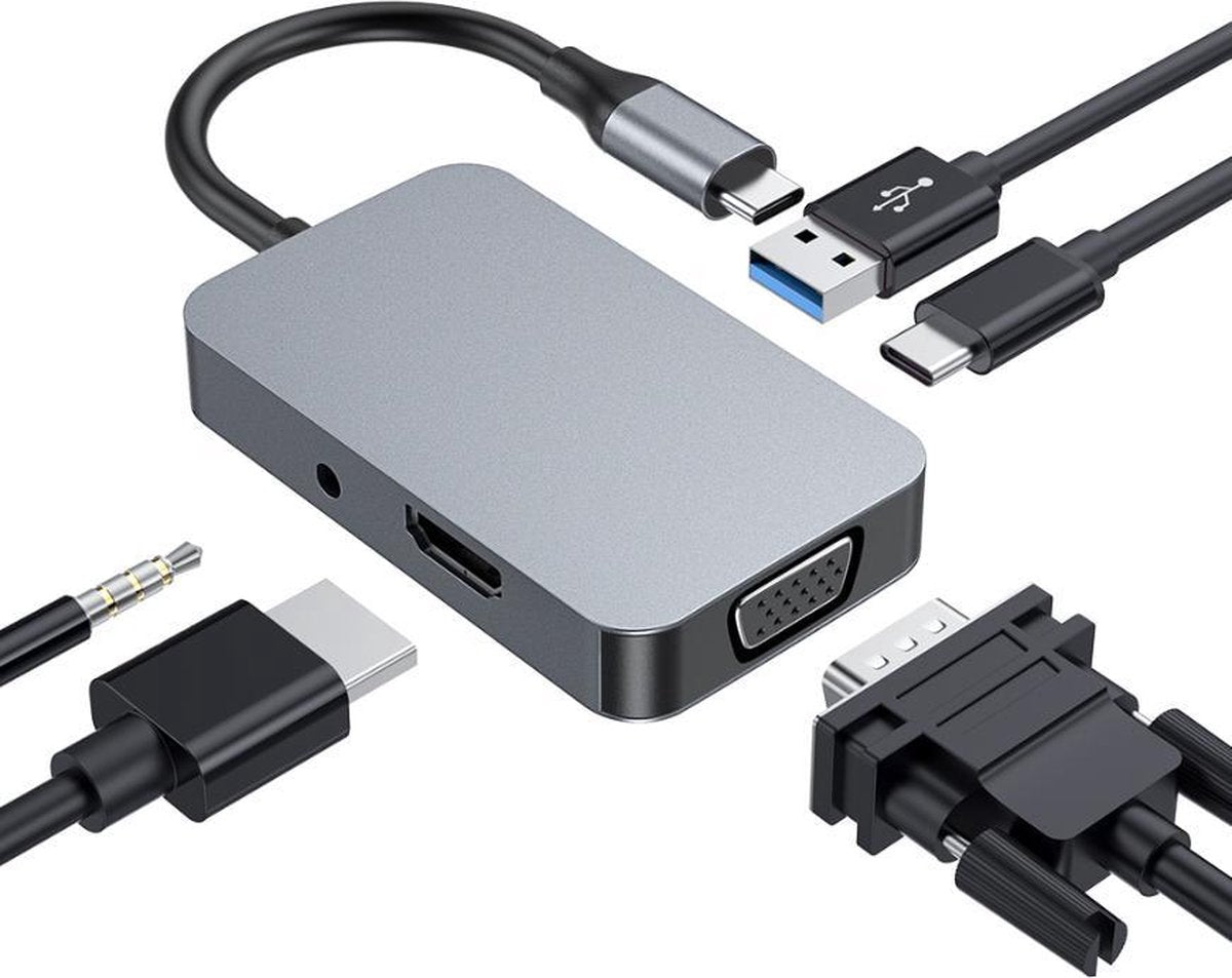 USB C Adapter Hub 5 in 1 | HDMI / VGA / USB-C 3.1 Power Delivery / USB-A 3.0 / Aux