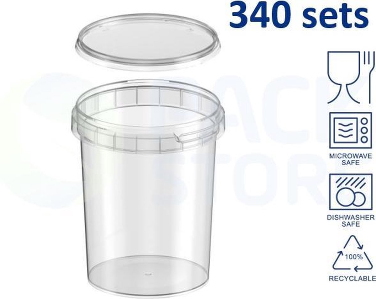 340 x Plastic bakjes rond ø95mm (520 ml) - Transparant met deksel - Geschikt voor diepvries