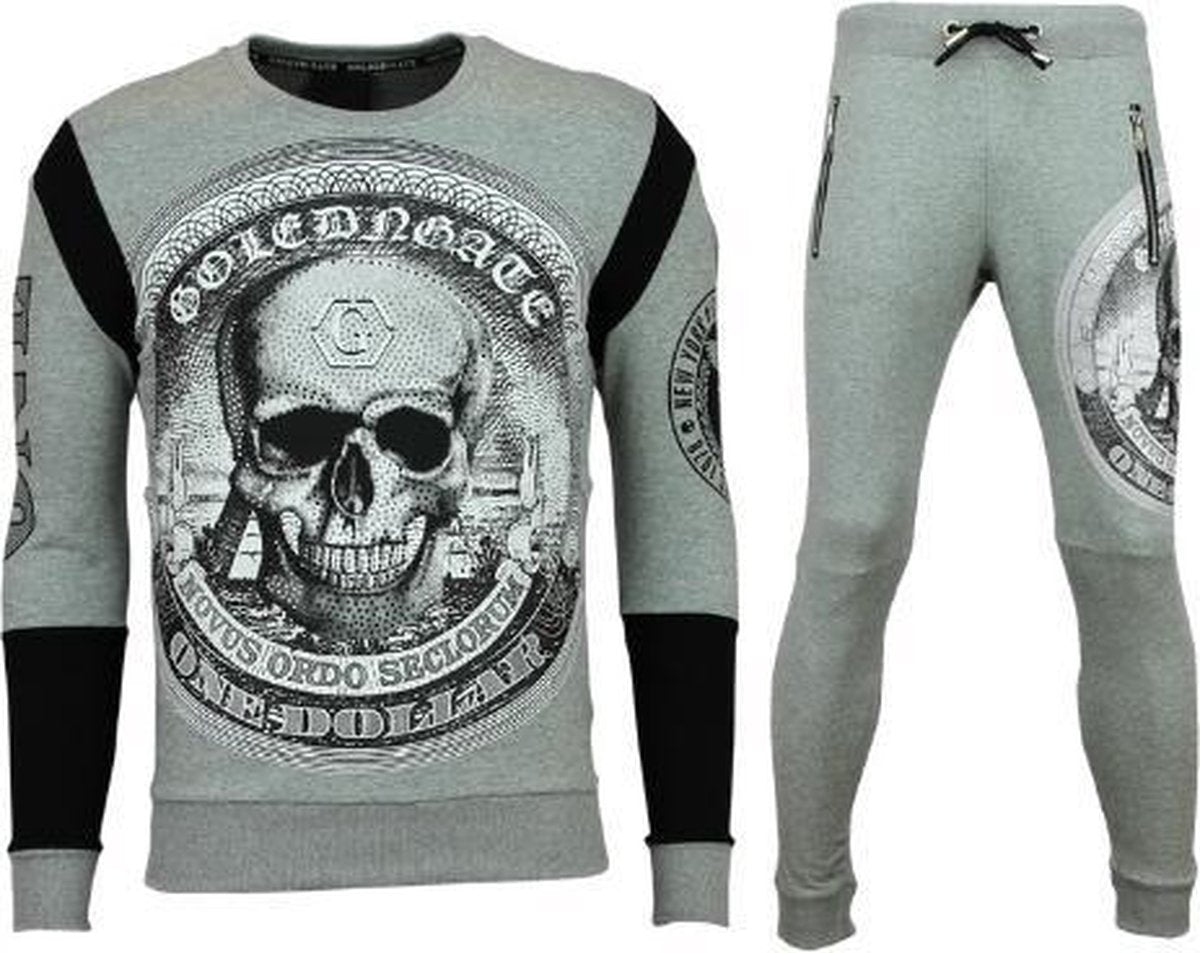 ENOS Trainingspakken Heren - Joggingspak Mannen - Doodskop Print - Grijs - Maat: M