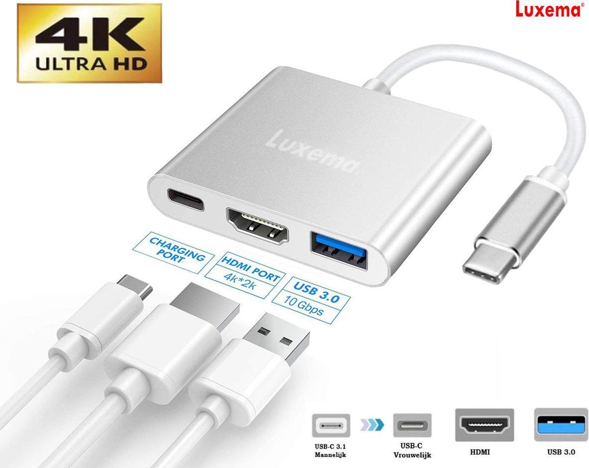Luxema® - 4K USB C naar HDMI |  USB 3.0 |  USB-C - 3 in 1 adapter - 4K 1080p Ultra HD - Superspeed 10 Gbit/s - USB C naar Multi Port Kabel Converter - Splitter - Switch - Converter - Cadeau