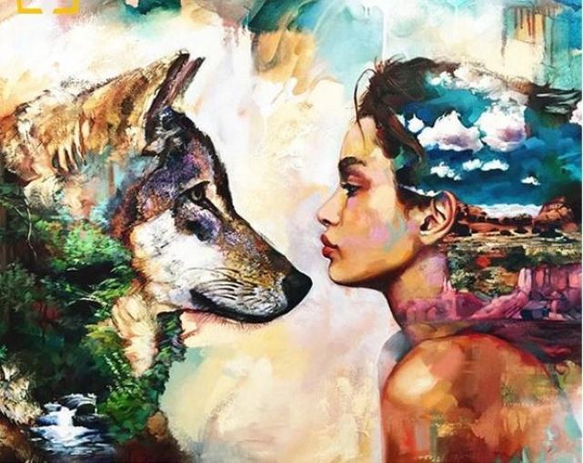 Schilderen op nummer linnen wolf met vrouw 50x65 cm (zonder frame)