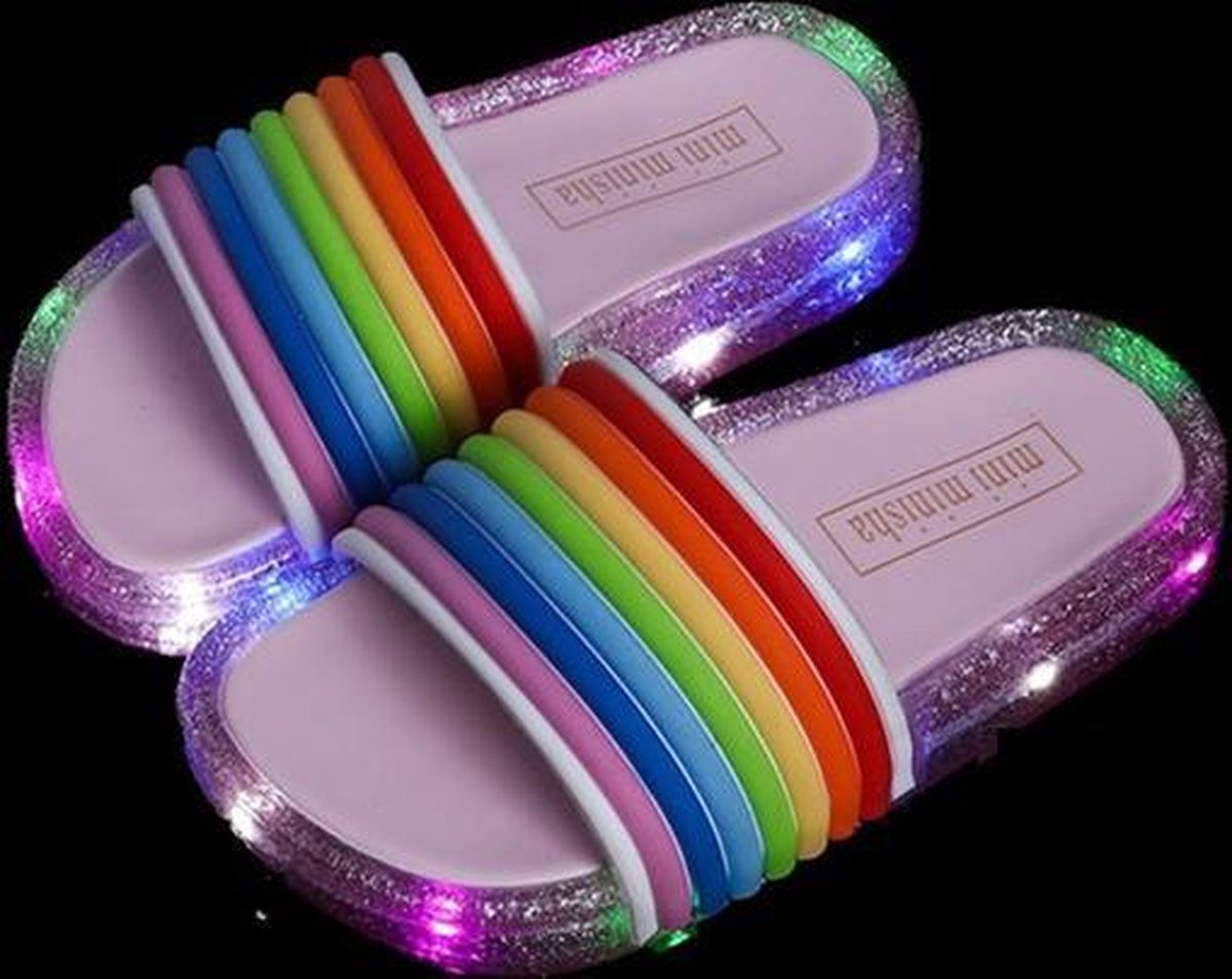 Lichtgevende LED Slippers Regenboog - Roze - Maat 34