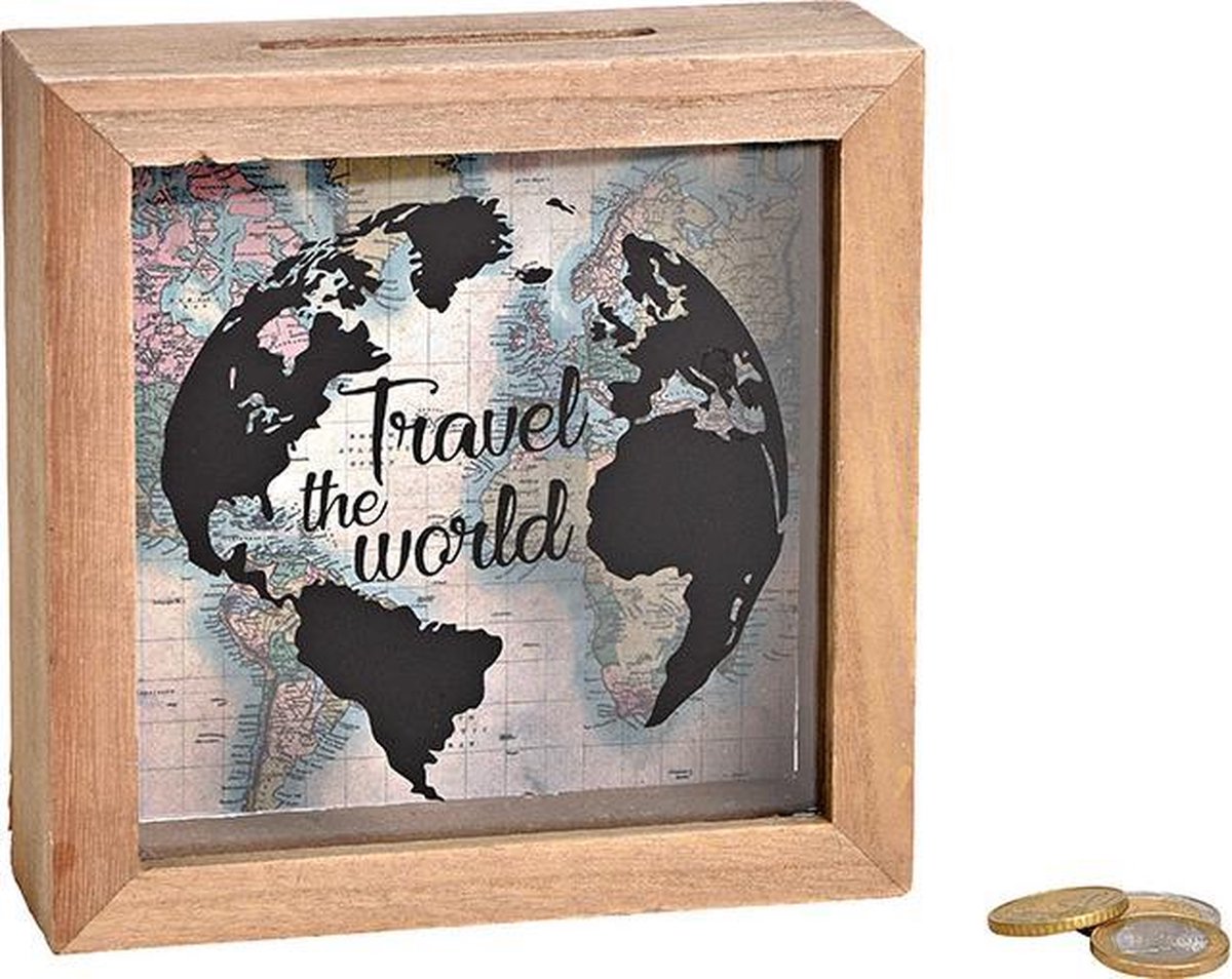 spaarpot travel the world / wereldkaart/ Hout / glas 15x15cm