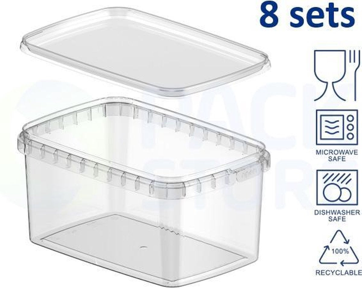 8 x Rechthoekige plastic bakjes met deksel (1600ml) - transparant - geschikt voor diepvries