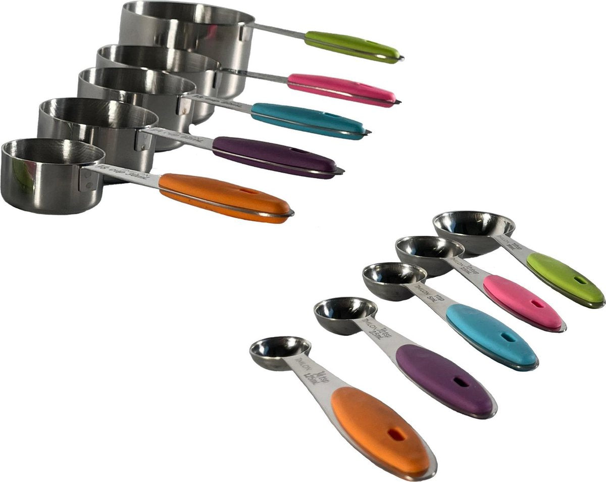 Timilon Maatlepels - Maatcups - 10 delige Set - Vaatwasserbestendig - Roestvrij Staal - Inclusief opbergringen - ml. / cups / Teaspoon - Tablespoon