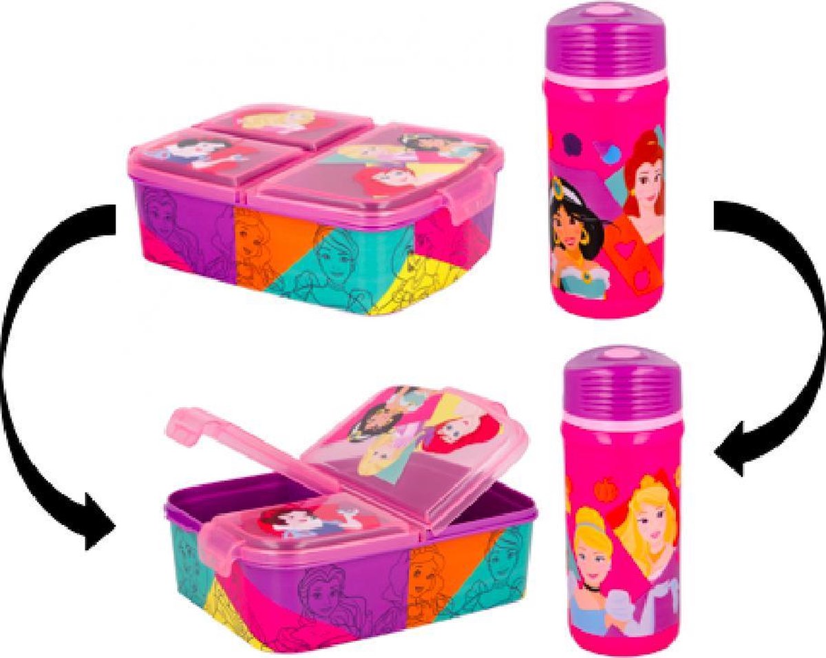 Disney Princessen 3 vaks brooddoos  (18 cm - 13 cm - 6 cm) + Drinkfles (16 cm hoog - 390 ml)
